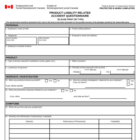 Document preview: Product Liability Related Accident Questionnaire — Labour, Canada (CERFA n°LAB1155)