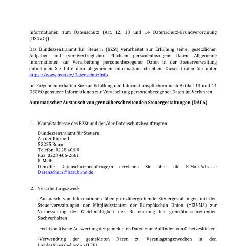 Dokumentvorschau: Produktsteckbrief_DAC6 — BZSt/Informationen_zum_Datenschutz, Deutschland (CERFA n°Produktsteckbrief_DAC6)