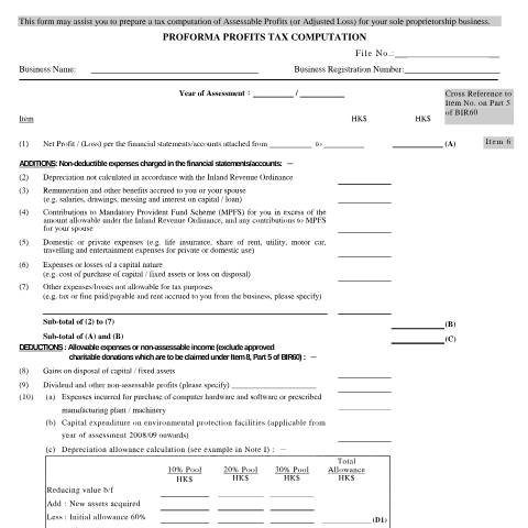Document preview: Proforma Profits Tax Computation(Sole Proprietorship Business) — Profits Tax, Hong Kong SAR China (CERFA n°IR 957A)