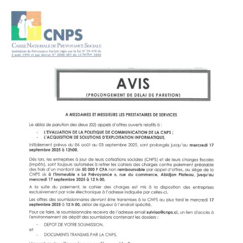 Aperçu du document AVIS PROLONGEMENT D’UN APPEL D’OFFRE — Document CNPS (prévoyance sociale), Côte d'Ivoire