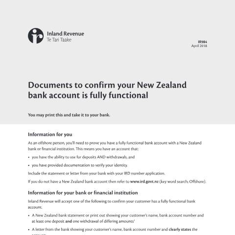 Document preview: Proof of a fully functional NZ bank account — Managing my tax, New Zealand (CERFA n°IR984)