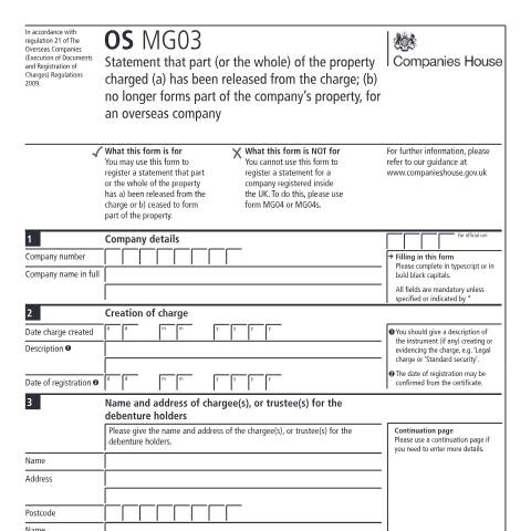 Document preview: Register a statement: part or whole of property released from charge or ceased to form part of property (OS MG03) — Companies House, United Kingdom
