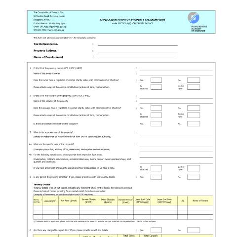 Document preview: Non-Residential Properties (Offices, Shops, Factories) — IRAS / Non Residential Properties (Offices Shops Factories), Singapore (CERFA n°APPLICATION-FORM-FOR-PROPERTY-TAX-EXEMPTION)