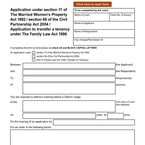 Document preview: Application under s17 of the Married Women's Property Act 1882, s66 of the Civil Partnership Act 2004, or application to transfer a tenancy: Form D50B — HM Courts & Tribunals Service, United Kingdom