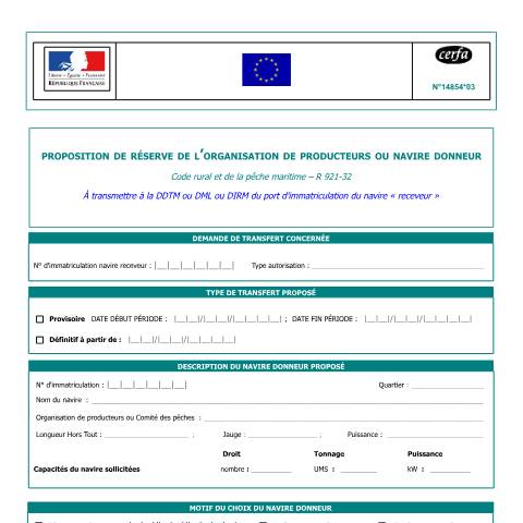 Aperçu du document Proposition de réserve de l'organisation de producteurs ou navire donneur — Professionnels, France (CERFA n°14854*03)