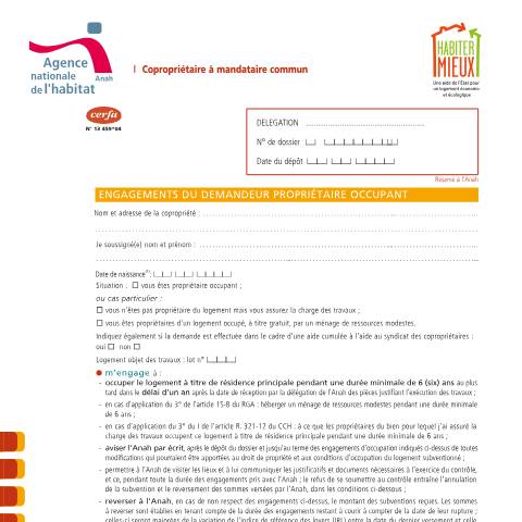Aperçu du document Propriétaire occupant : engagements à respecter pour l'octroi d'une subvention (Anah) — Particuliers, France (CERFA n°13459*04)
