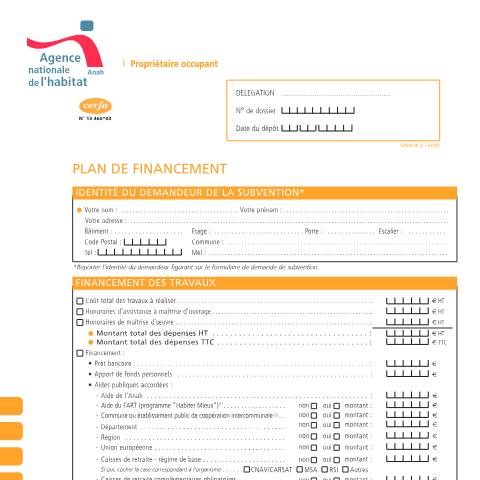 Aperçu du document Propriétaire occupant : plan de financement (Anah) — Particuliers, France (CERFA n°13460*03)