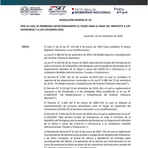 Vista previa del documento RESOLUCION GENERAL N° 63 2020 Prorroga IDU — Idu, Paraguay