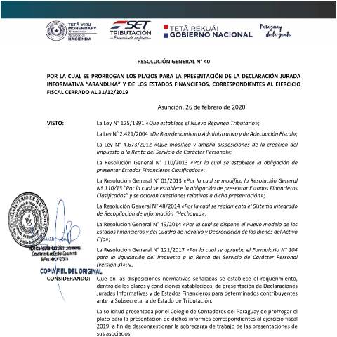 Vista previa del documento RESOLUCION GENERAL N° 40 2020 PROROGA PLAZO DE PRESENTACIONES — Irp, Paraguay