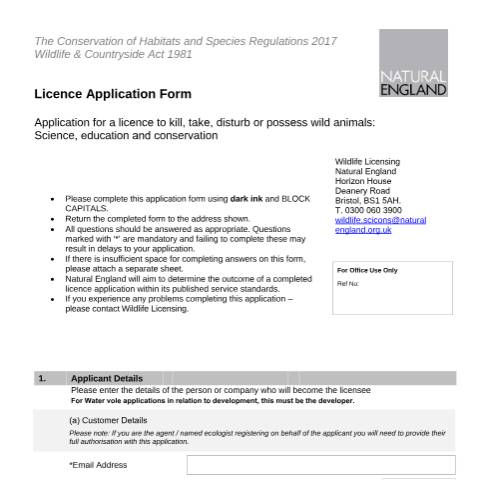 Document preview: Protected species licence for science, education or conservation (A29) — Natural England, United Kingdom