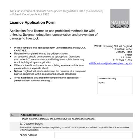 Document preview: Protected species licence for survey, research or conservation work or to prevent damage to livestock (A30) — Natural England, United Kingdom
