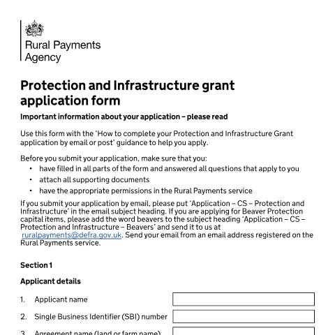 Document preview: Protection and Infrastructure grant application form — Rural Payments Agency, United Kingdom