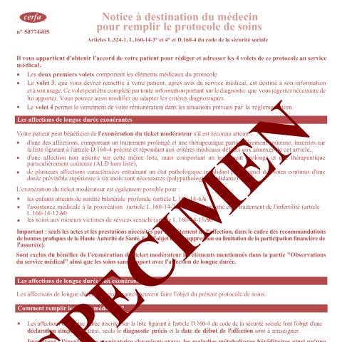Aperçu du document Protocole de soins — Particuliers, France (CERFA n°11626*07)