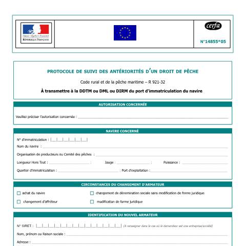 Aperçu du document Protocole de suivi des antériorités d'un droit de pêche — Professionnels, France (CERFA n°14855*05)