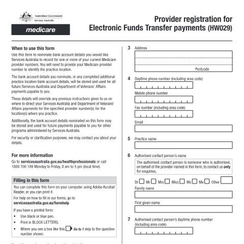 Document preview: Provider registration for Electronic Funds Transfer payments form (HW029) — Services Australia — Health professionals, Australia (CERFA n°HW029)