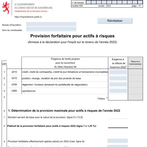 Aperçu du document Annexe: "Provision forfaitaire pour actifs à risque" — Annexes, Luxembourg (CERFA n°505 F)