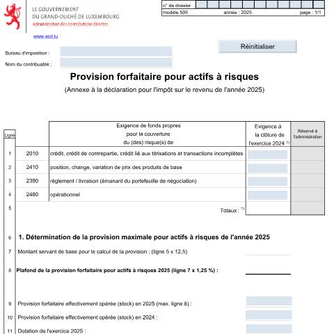 Aperçu du document Annexe: "Provision forfaitaire pour actifs à risque" — Annexes, Luxembourg (CERFA n°505 F)