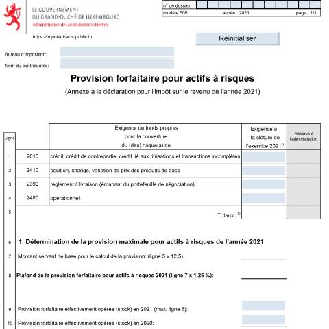 Aperçu du document Annexe: "Provision forfaitaire pour actifs à risque" — Annexes, Luxembourg (CERFA n°505 F)