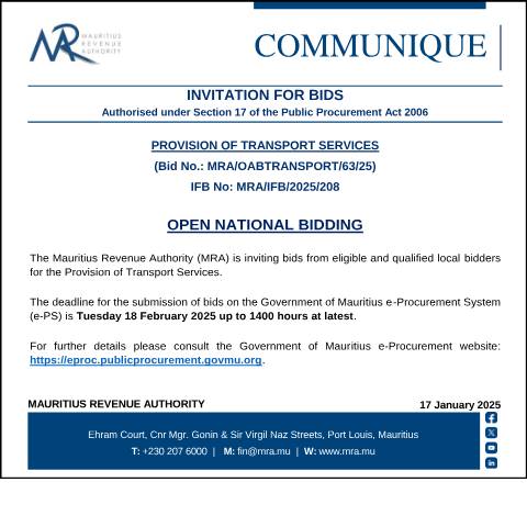 Document preview: Provision of Transport Services (Bid No.: MRA/OABTRANSPORT/63/25) (17.01.25) — Document, Mauritius (CERFA n°Bids170125)