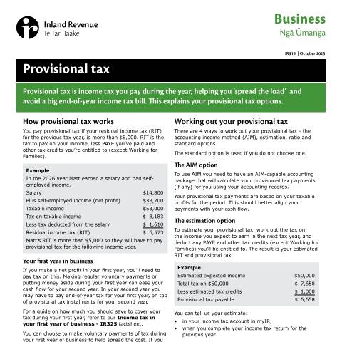 Document preview: Provisional tax — Income tax, New Zealand (CERFA n°IR316)