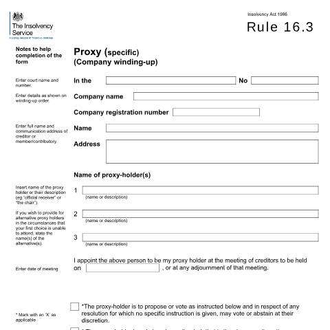 Document preview: Rule 16.2 and 16.3 proxy (specific) (company winding-up) — The Insolvency Service, United Kingdom