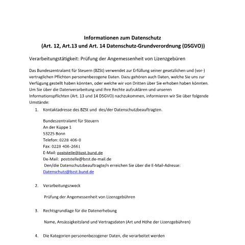Dokumentvorschau: Pruefung_Angemessenheit_Lizenzgeb%C3%BCren — BZSt/Informationen_zum_Datenschutz, Deutschland (CERFA n°Pruefung_Angemessenheit_Lizenzgeb%C3%BCren)