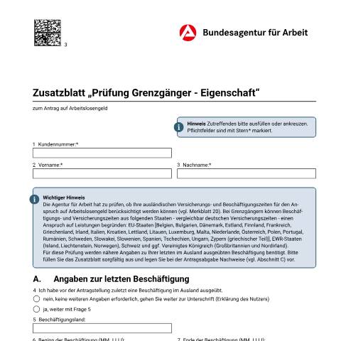 Dokumentvorschau: zb-grenzgaenger-onlinestrecke-alg_ba034645 — Öffnet in neuem Tab Zusatzblatt zur Prüfung von Grenzgängern zum Antrag auf Arbeitslosengeld Formular zur Prüfung von ausländischen Versicherungs- und Beschäftigungszeiten pdf | 170.79 KB | barrierefrei — Familienkasse/zb, Deutschland (CERFA n°zb-grenzgaenger-onlinestrecke-alg_ba034645)