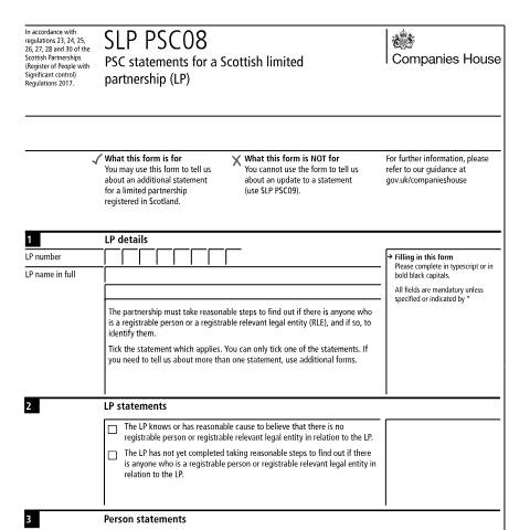 Document preview: Give notice of a person of PSC statements for a Scottish limited partnership (SLP PSC08) — Companies House, United Kingdom