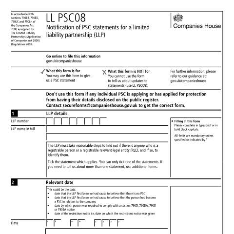 Document preview: Give notice of a person of PSC statements for a limited liability partnership (LL PSC08) — Companies House, United Kingdom