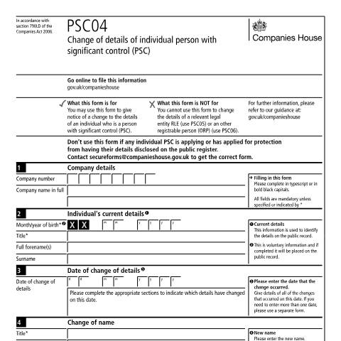 Document preview: Give notice of change of details for person with significant control (PSC04) — Companies House, United Kingdom