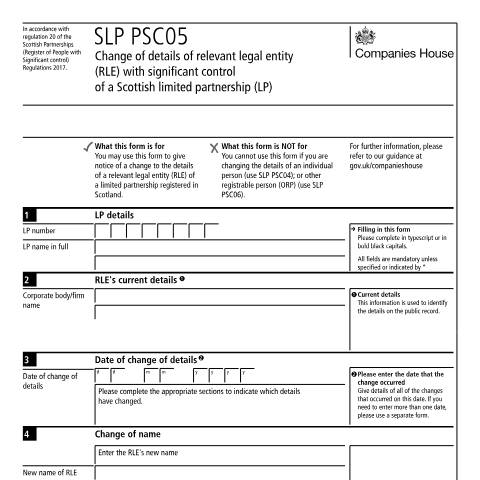 Document preview: Give details of relevant legal entity with significant control of a Scottish limited partnership (SLP PSC05) — Companies House, United Kingdom