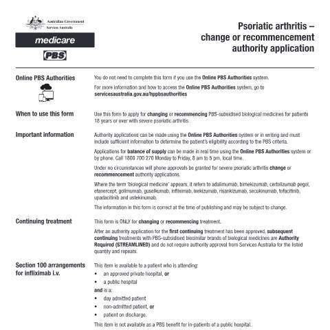 Document preview: Psoriatic arthritis - change or recommencement authority application form (PB260) — Services Australia — Health professionals, Australia (CERFA n°PB260)