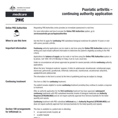 Document preview: Psoriatic arthritis - continuing authority application form (PB106) — Services Australia — Health professionals, Australia (CERFA n°PB106)