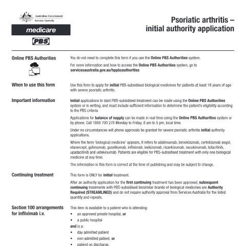 Document preview: Psoriatic arthritis - initial authority application form (PB105) — Services Australia — Health professionals, Australia (CERFA n°PB105)