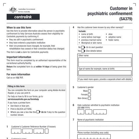 Document preview: Customer in psychiatric confinement — Services Australia — Individuals (by code), Australia (CERFA n°SA379)