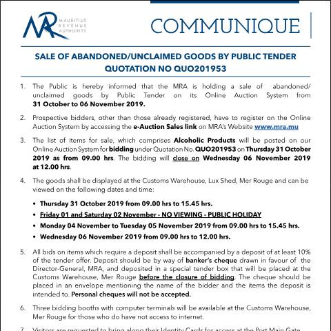 Document preview: Quotation 53 of 2019 — Notice / Circular, Mauritius (CERFA n°Communique53of2019)