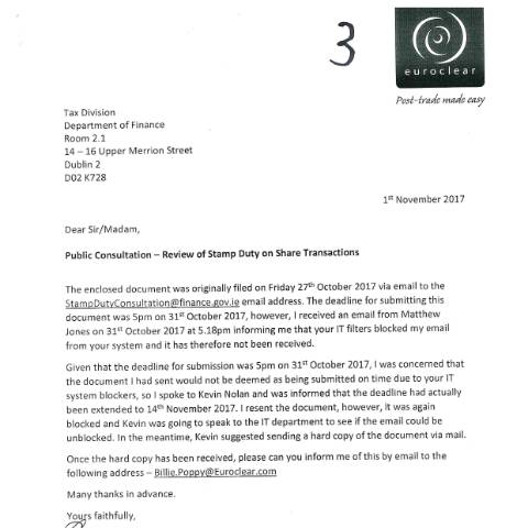 Document preview: Submissions to Consultation - Review of the Application of Stamp Duty to the Stocks and Marketable Securities of Irish Incorporated Companies — public submission number 3 review of the application of stamp duty to the stocks and m — Department of Finance, Ireland