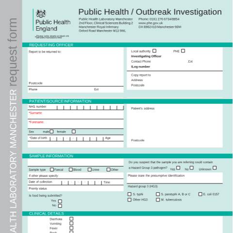 Document preview: Public health laboratory Manchester: request form — Public Health England, United Kingdom