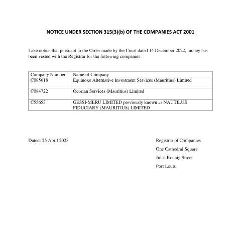 Document preview: Publication Special Deposit NOTICE UNDER SECTION 315 — Document, Mauritius (CERFA n°Publication-Special-Deposit-NOTICE-UNDER-SECTION-315-)