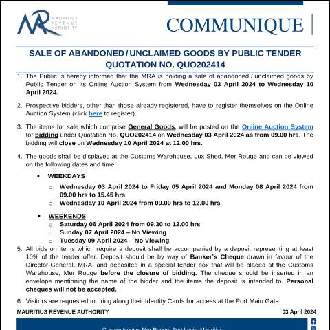 Document preview: Qu. 14 of 2024 (03.04.24) — Notice / Circular, Mauritius (CERFA n°CommuniqueQuo202414)