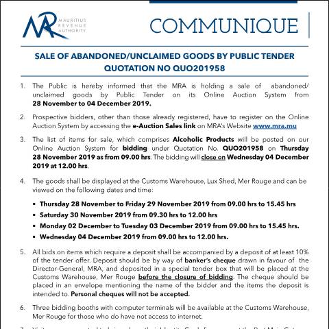 Document preview: Quotation 58 of 2019 — Notice / Circular, Mauritius (CERFA n°Communique58of2019)