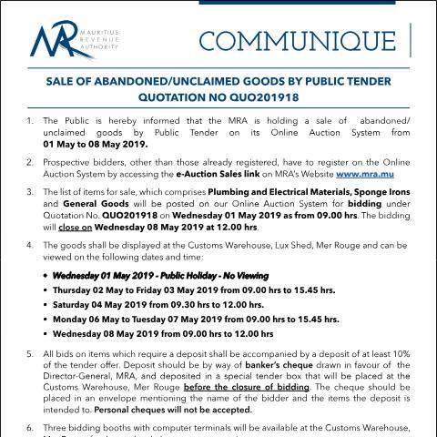 Document preview: Sale of Abandoned / Unclaimed Goods by Public Tender (30.04.19) — Form, Mauritius (CERFA n°Communique18of2019)