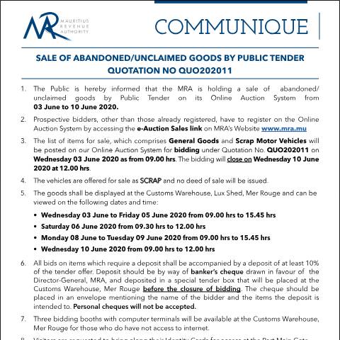 Document preview: Sale of Abandoned / Unclaimed Goods by Public Tender (03.06.20) — Form, Mauritius (CERFA n°Communique11of2020)