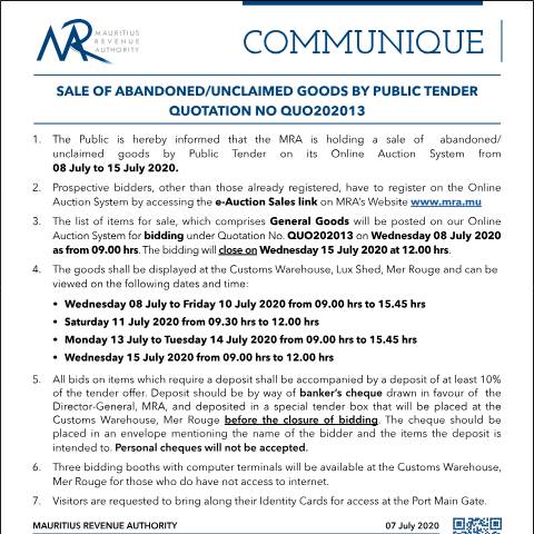 Document preview: Sale of Abandoned / Unclaimed Goods by Public Tender (07.07.20) — Form, Mauritius (CERFA n°CommuniqueQ202013)