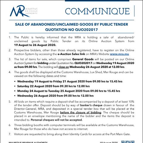 Document preview: Sale of Abandoned / Unclaimed Goods by Public Tender (19.08.19) — Form, Mauritius (CERFA n°CommuniqueQ202017)