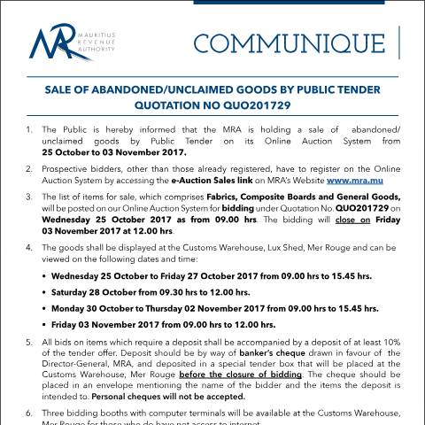 Document preview: Sale of Abandoned / Unclaimed Goods by Public Tender (24.10.17) — Form, Mauritius (CERFA n°CommuniqueQ29of2017)