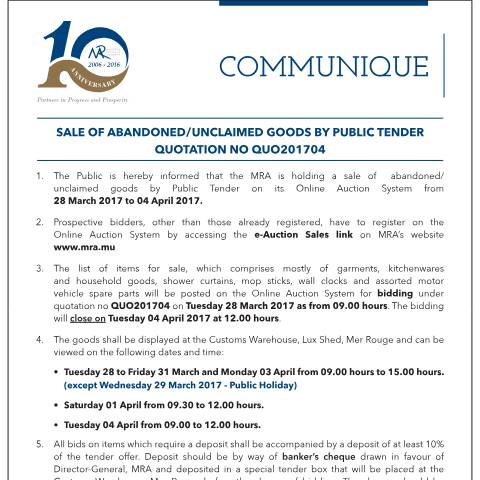 Document preview: Sale of Abandoned / Unclaimed Goods by Public Tender (27.03.17) — Form, Mauritius (CERFA n°Qu04of2017)