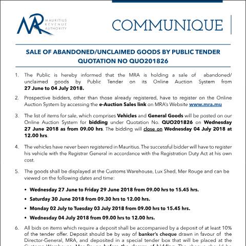 Document preview: Sale of Abandoned / Unclaimed Goods by Public Tender (27.06.18) — Form, Mauritius (CERFA n°CommuniqueQ26of2018)