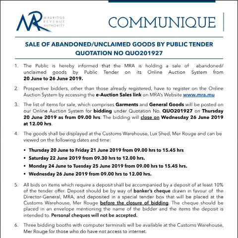 Document preview: Sale of Abandoned / Unclaimed Goods by Public Tender (20.06.19) — Form, Mauritius (CERFA n°Communique27of2019)