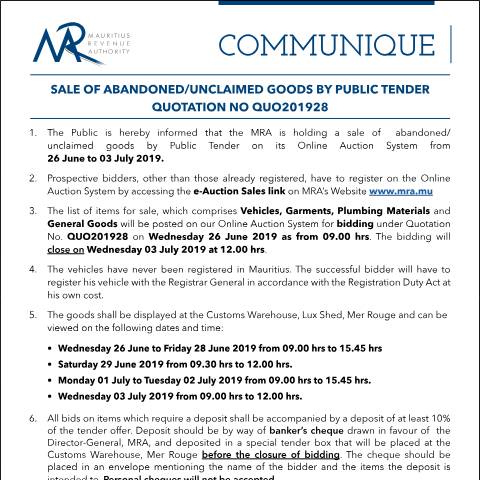 Document preview: Sale of Abandoned / Unclaimed Goods by Public Tender (26.06.19) — Form, Mauritius (CERFA n°Communique28of2019)